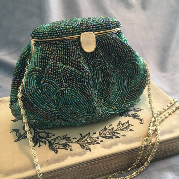 VINTAGE Green Beaded Mini Bag Shoulder Crossbody Clutch Convertible - Picture 2 of 16